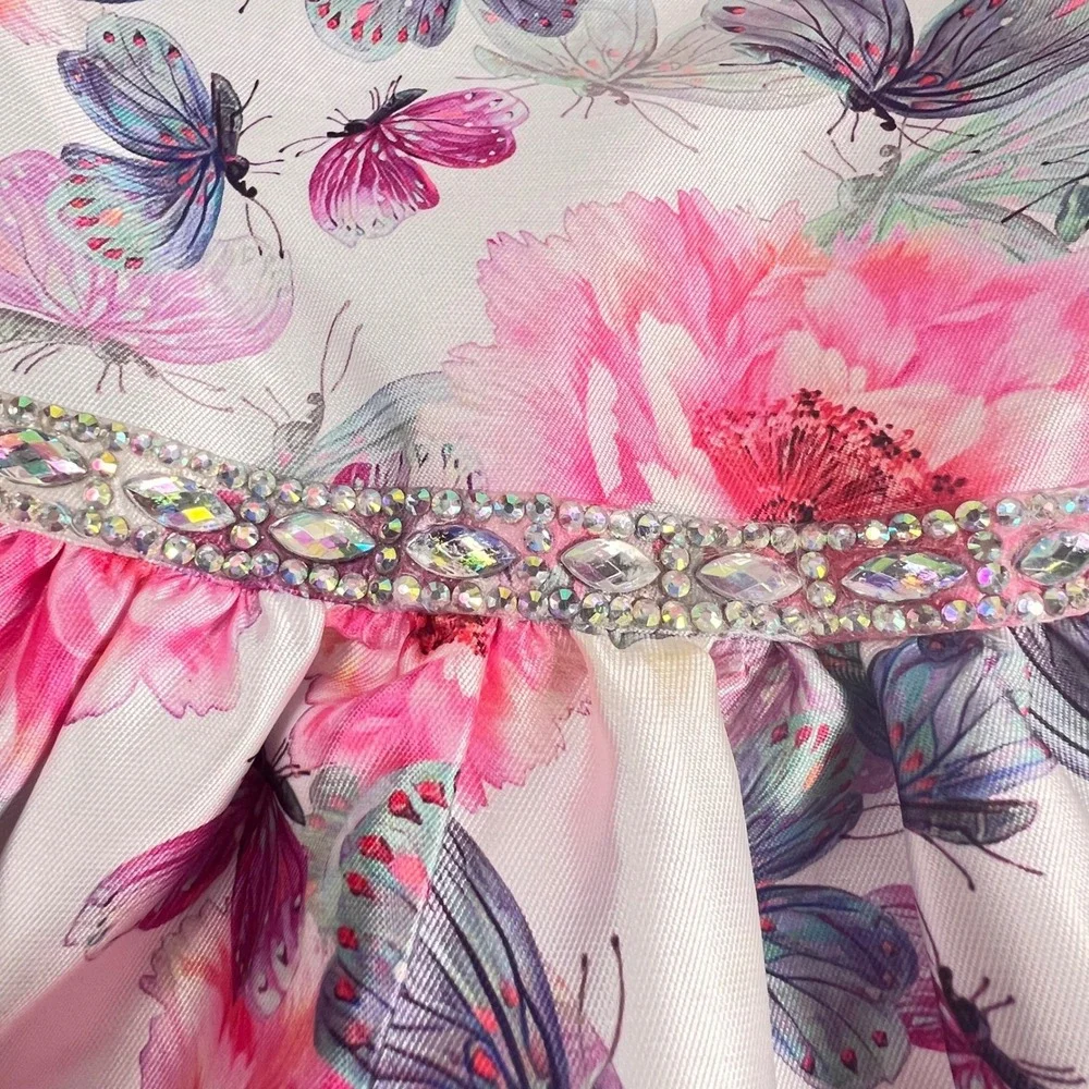 Rare Editions High-Low Dress Girls 10 White Pink Floral Butterfly Rhinestone
